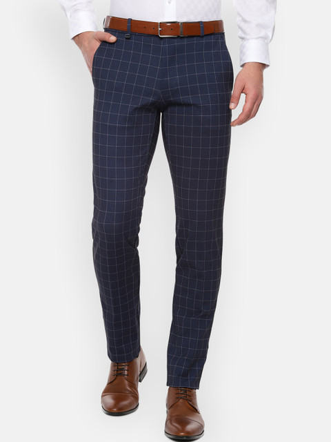 

Van Heusen Men Navy Blue Slim Fit Checked Formal Trousers