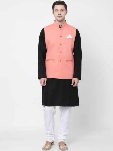 

TABARD Men Black & Peach-Coloured Solid Kurta Set With Nehru Jacket