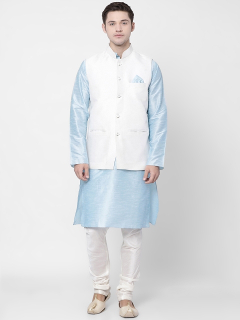 

TABARD Men Blue & White Solid Kurta Set With Nehru Jacket