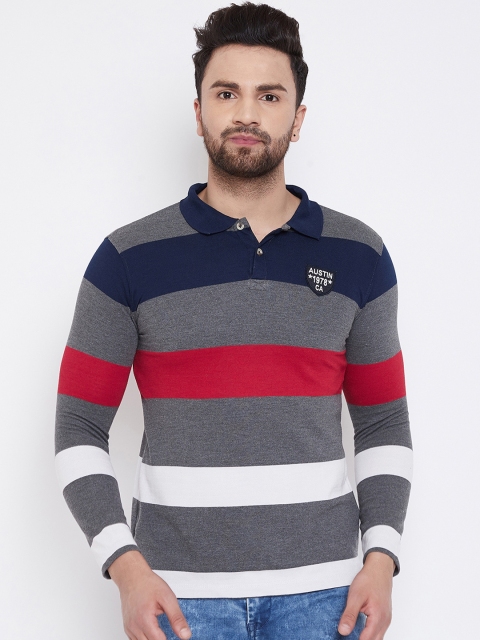 

Austin wood Men Grey & Blue Striped Polo Collar T-shirt