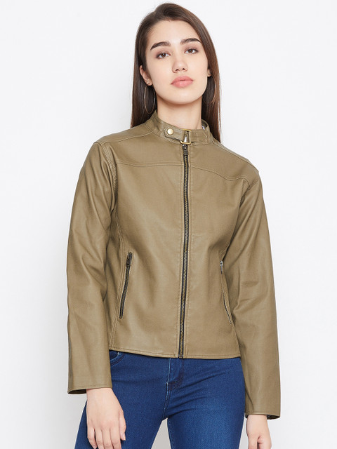 

JUMP USA Women Olive Green Solid Lightweight Leather Jacket