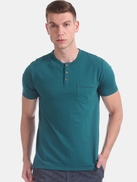 

Cherokee Men Teal Blue Striped Henley Neck T-shirt