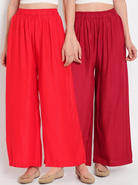 

TAG 7 Women Pack of 2 Solid Flared Palazzos, Red