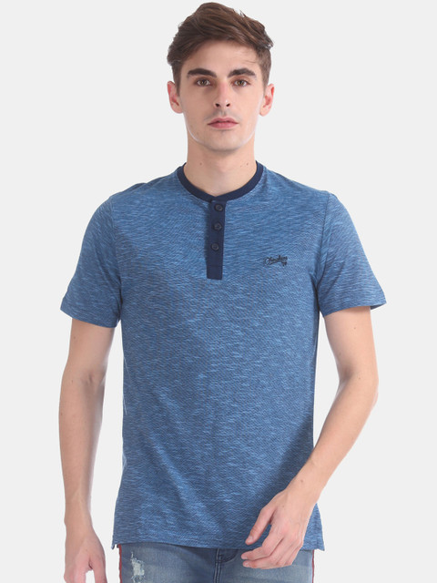 

Cherokee Men Blue Self Design Henley Neck Pure Cotton T-shirt
