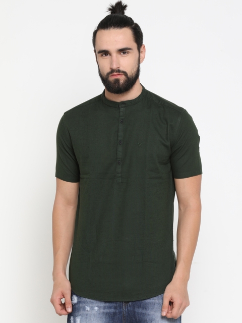 

SHOWOFF Men Green Solid Straight Short Kurta