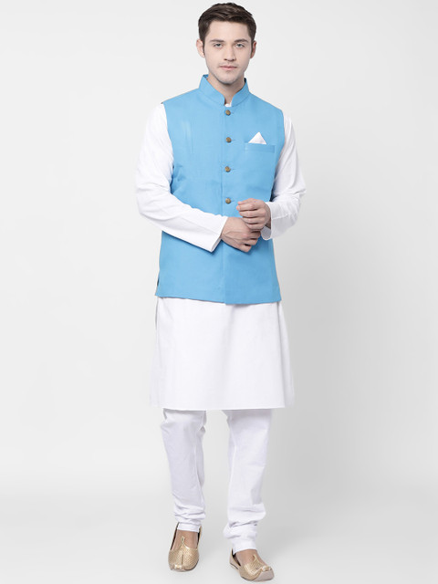 

TABARD Men Blue & White Solid Kurta Set With Nehru Jacket