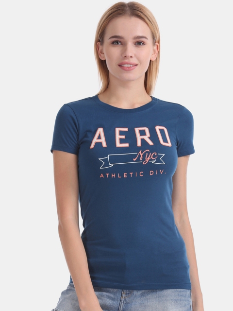 

Aeropostale Women Blue Printed Round Neck Pure Cotton T-shirt