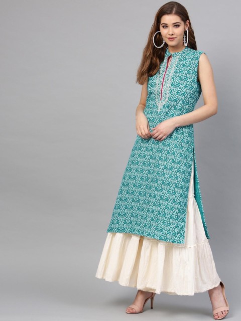 

Juniper Women Teal Green & Off-White Printed Straight Kurta
