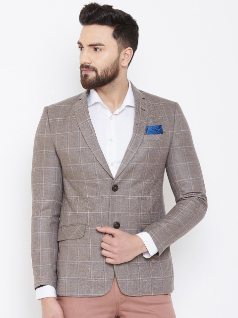 

Spirit Men Taupe & Blue Checked Single-Breasted Tailored Fit Blazer