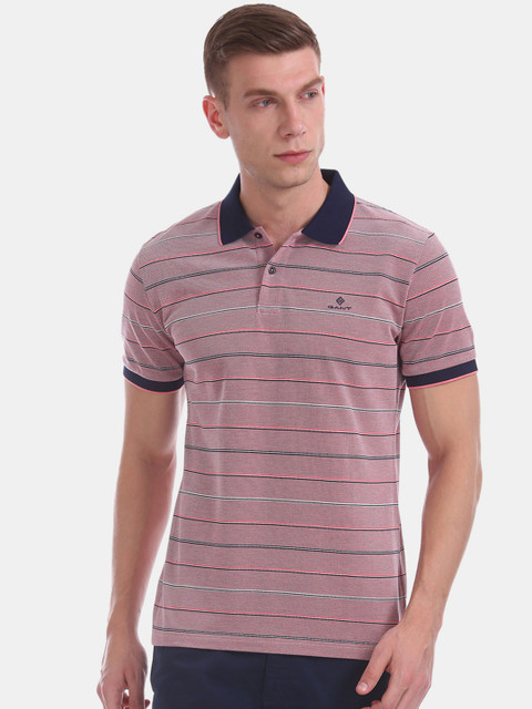 

GANT Men Mauve Striped Polo Collar T-shirt