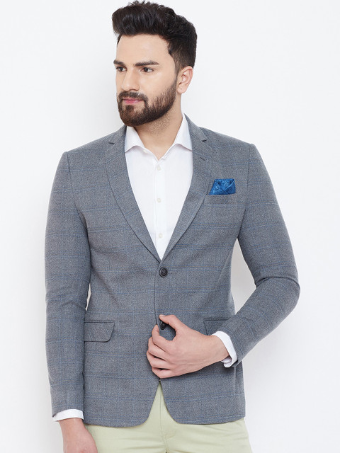 

Spirit Men Grey Checked Single-Breasted Tailored Fit Blazer