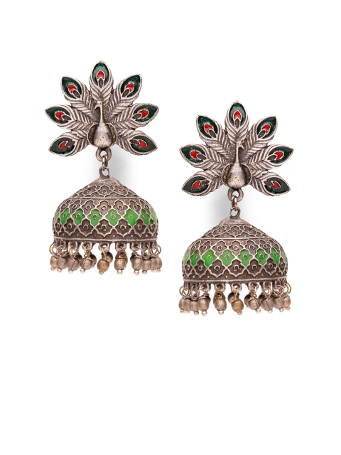 

Fabstreet Silver-Toned Peacock Shaped Jhumkas