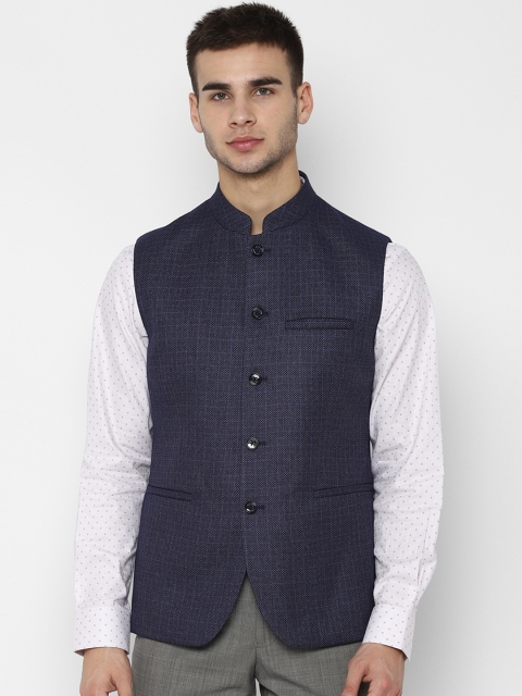 

Allen Solly Men Navy Blue Checked Nehru Jacket
