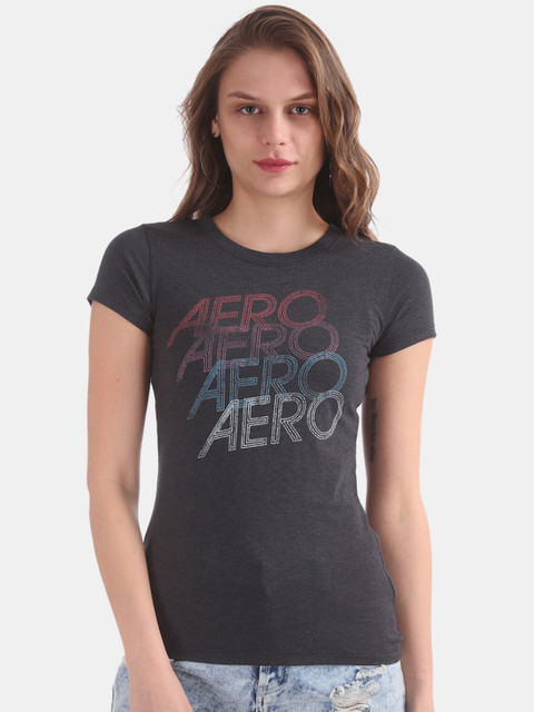 

Aeropostale Women Charcoal Grey Printed Round Neck T-shirt