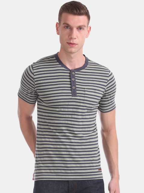 

Cherokee Men Green & Grey Striped Henley Neck T-shirt