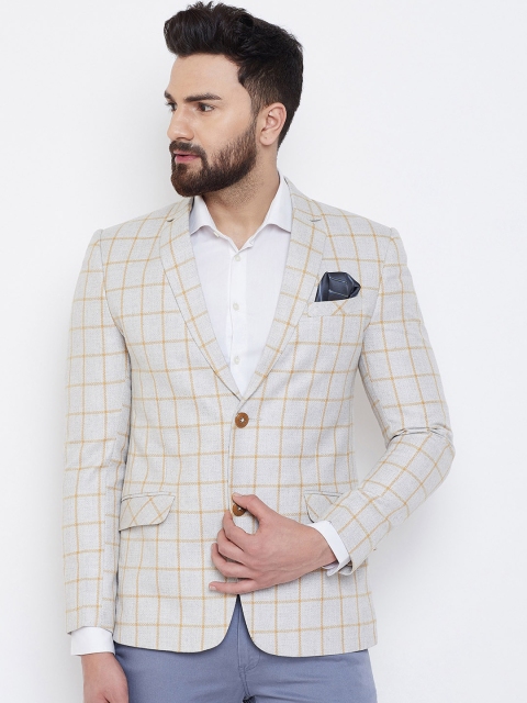 

Spirit Men Cream-Coloured Checked Single-Breasted Tailored Fit Blazer