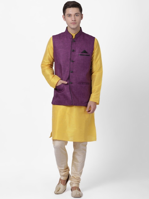 

TABARD Men Yellow & Purple Solid Kurta Set With Nehru Jacket