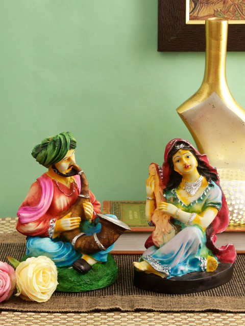

TIED RIBBONS Set Of 2 Green & Blue Rajasthani Couple Cultural Showpieces