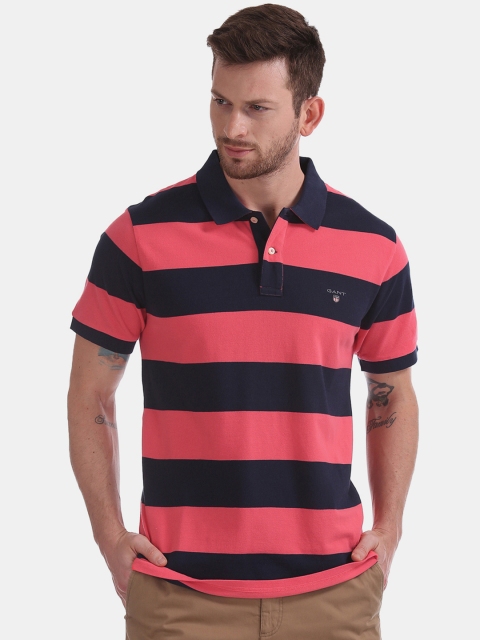 

GANT Men Pink And Navy Blue Striped Polo Collar T-shirt