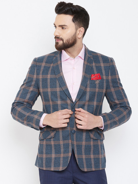 

Spirit Men Blue & Brown Checked Single-Breasted Blazer