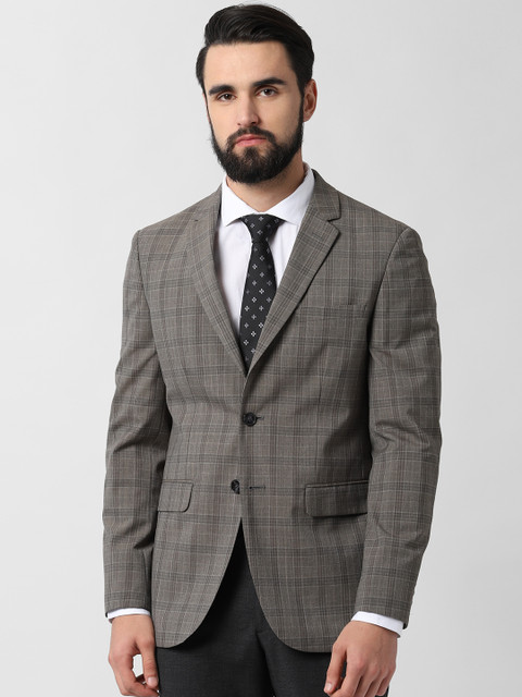 

Peter England Men Grey Checked Single-Breasted Slim Fit Blazer