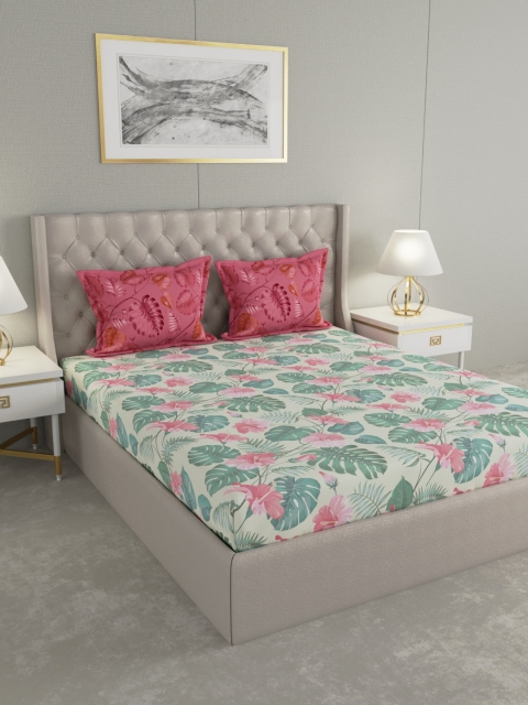 

Boutique Living India Green & Pink Floral 200 TC Cotton 1 King Bedsheet with 2 Pillow Covers