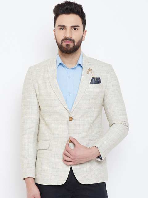 

Spirit Men Cream Checked Single-Breasted Blazer