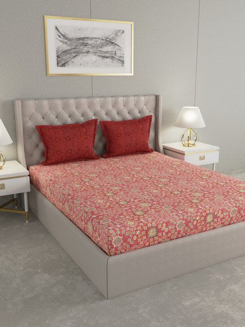 

Boutique Living India Coral Red & Green 300 TC Cotton 1 King Bedsheet with 2 Pillow Covers