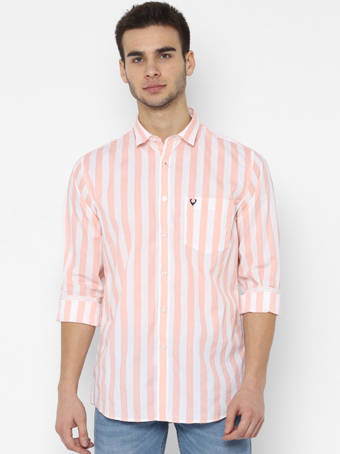 

Allen Solly Men Peach-Coloured & White Slim Fit Striped Casual Shirt