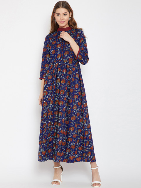 

PANIT Women Navy Blue Floral Print A-Line Kurta
