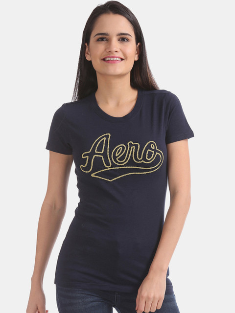 

Aeropostale Women Navy Blue Embellished Round Neck T-shirt