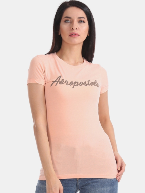 

Aeropostale Women Peach-Coloured Printed Round Neck T-shirt