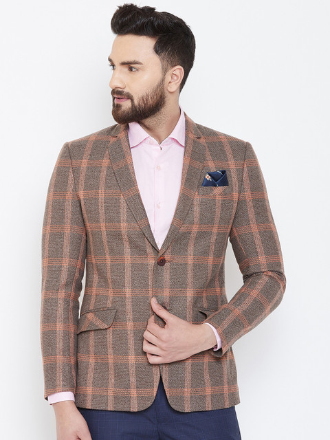 

Spirit Men Brown & Peach-Coloured Checked Single-Breasted Tailored Fit Blazer