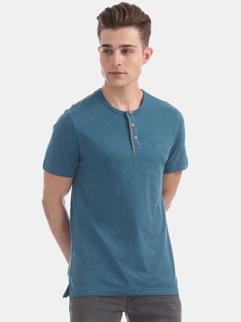 

Cherokee Men Teal Blue Solid Henley Neck T-shirt