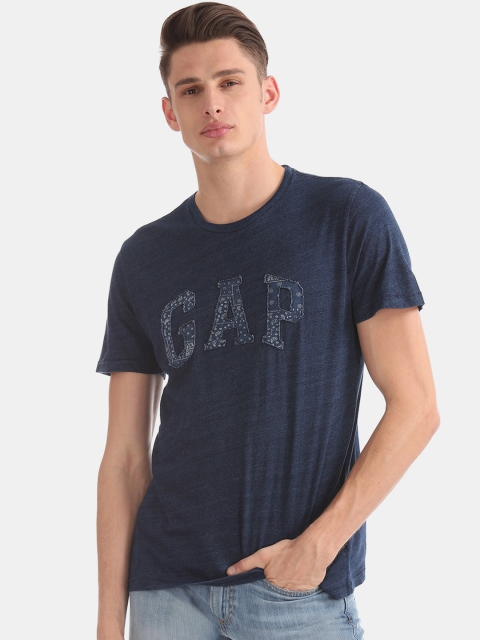 

GAP Men Navy Blue Self Design Short Sleeve Logo Tee