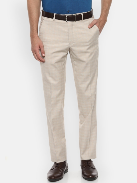 

Van Heusen Men Cream-Coloured & White Slim Fit Checked Formal Trousers