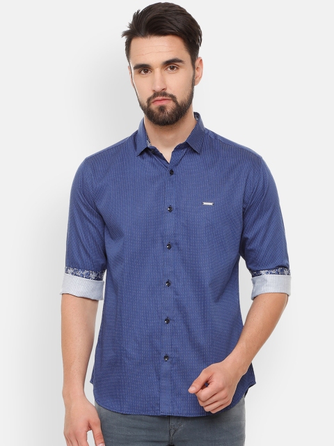 

V Dot Men Blue Slim Fit Self Design Casual Shirt