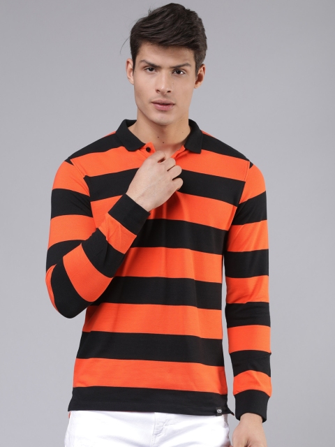 

Ecko Unltd Men Black & Orange Striped Polo Collar T-shirt