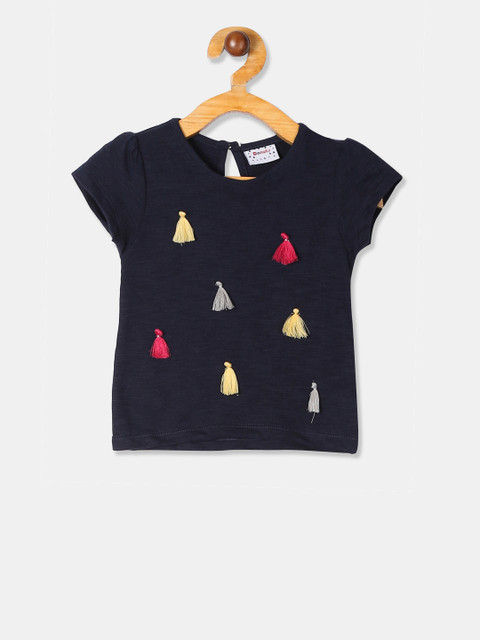 

Donuts Infant Navy Blue Tasselled Round Neck Cotton T-shirt