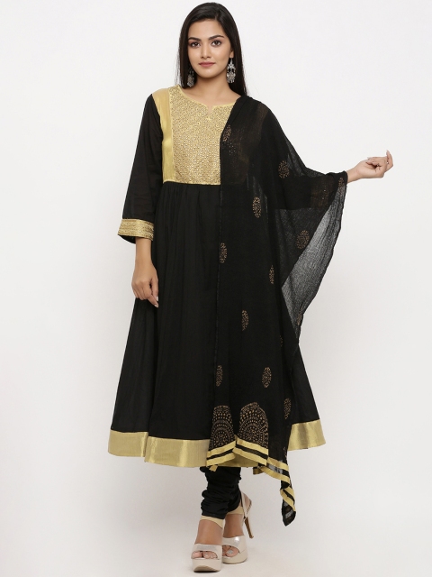 

BUYCLARA Women Black & Gold-Toned Embroidered Kurta with Churidar & Dupatta
