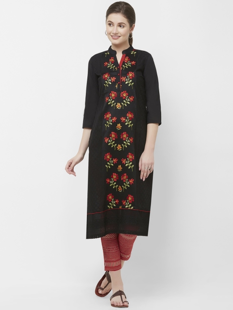 

Naari Women Black & Red Foral Embroidered Straight Pure Cotton Kurta