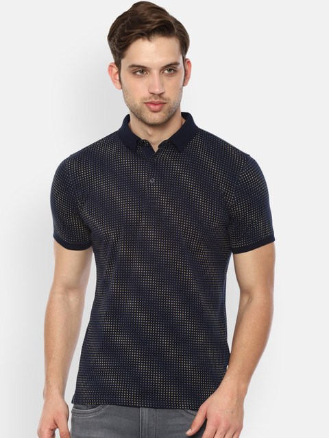 

V Dot Men Navy Blue Slim-Fit Printed Polo Collar T-shirt