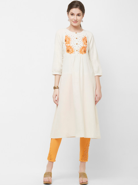 

Naari Women Beige & Orange Embroidered A-Line Kurta