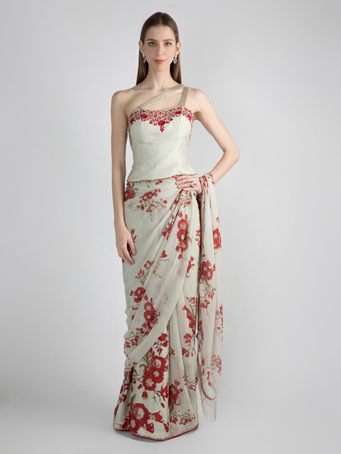 

Pernia Pop-Up Shop by Adah Green Printed Satin Saree