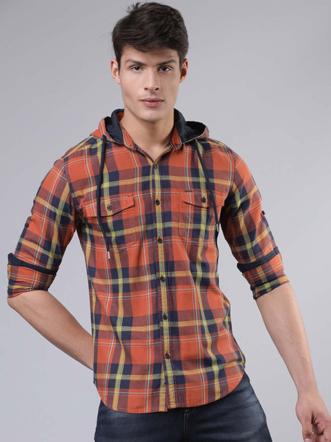 

Ecko Unltd Men Rust Orange & Navy Blue Slim Fit Yarn Dyed Checked Casual Shirt