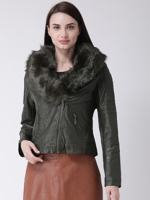 

Latin Quarters Women Green Solid Asymmetric Closure Jacket