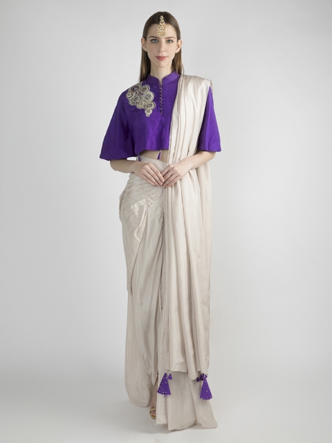 

Pernia Pop-Up Shop by Priyanka Singh Off-White & Purple Pure Silk Solid Saree
