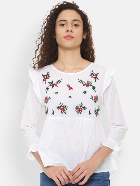 

People Women White Printed Cinched Waist Pure Cotton Top