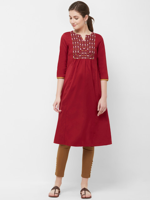 

Naari Women Maroon & Beige Embroidered A-Line Panelled Pure Cotton Kurta