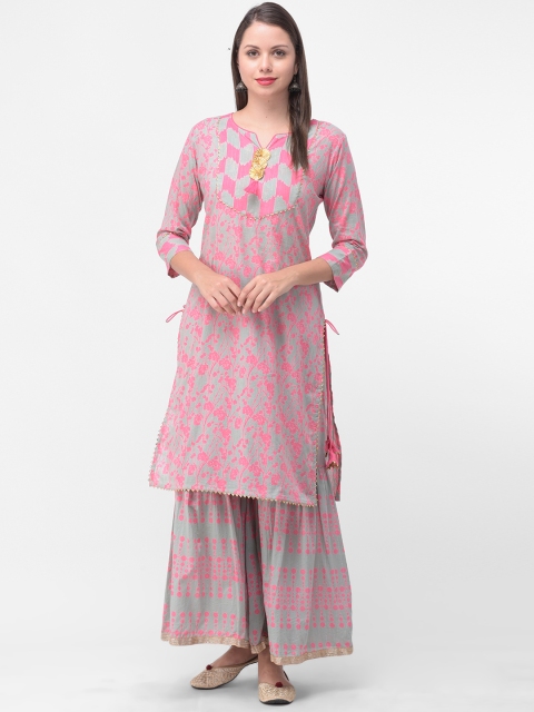 

aayusika Women Pink & Grey Printed Kurta with Palazzos